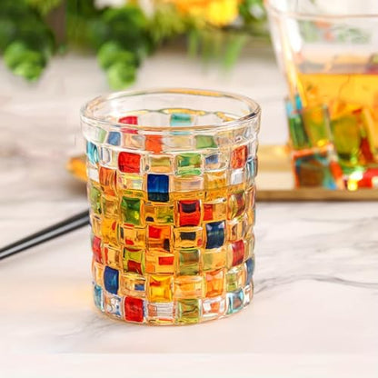 Set of 6 or 5 Hand-painted Colorful Glass Tumblers, Drinking Glassware, Cocktail Glasses for Iced Coffee Juice Tea Beverage Milk Wine With Artistic Design - color: Woven-Bag Design Set of 6