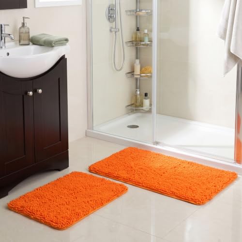 2 Piece Bathroom Rug Set - 32x21 Inch and 24x17 Inch Memory Foam Bath Mats with Chenille Shag Top for Stylish Bathroom Decor - Machine Washable Bath Rugs Set of 2 by Lavish Home (Orange)