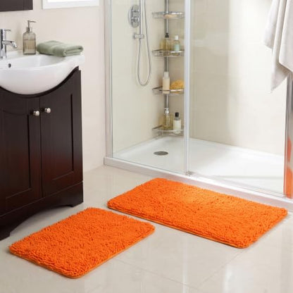 2 Piece Bathroom Rug Set - 32x21 Inch and 24x17 Inch Memory Foam Bath Mats with Chenille Shag Top for Stylish Bathroom Decor - Machine Washable Bath Rugs Set of 2 by Lavish Home (Orange)