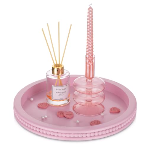 Hanobe Pink Round Decorative Tray with Beaded Edge | Durable paulownia wood, for displaying perfumes, candles, or jewelry on a dresser, coffee table, vanity, bathroom counter. - color: Pink