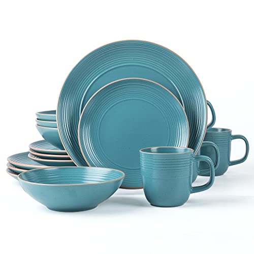 Arora RINGAR Round Stoneware 16pc Dinnerware Set of 4, Dinner Plates, Side Plates, Cereal Bowls, Mugs - Speckle Matte Turquoise (428693) - color: Speckle Matte Turquoise-Bowl/Mug, style: Round-Service for 4(16pcs)
