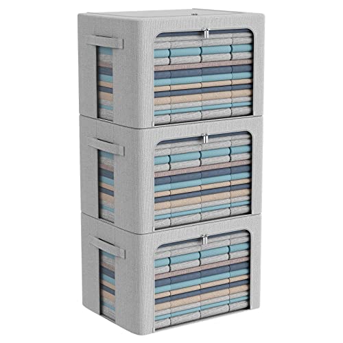 CYhom 3Pack Foldable Storage Bins - Frame Storage Box Linen Fabric Stackable Clothes Container Organizer with Clear Window & Carry Handles Large Capacity (Large-66L, Light Grey) - color: Light Grey, size: Large-66L