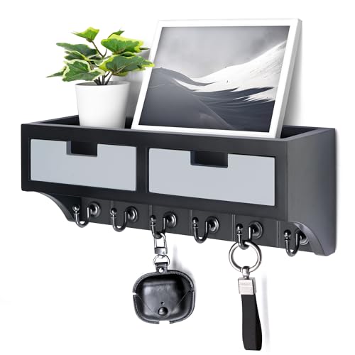 Rebee Vision Key Holder Wall Mount with Drawer for Entryway, Black & Gray | Key Holder for Wall, Mail Organizer for Wall, 6 Key Hooks, Small Wall Shelf, 2 Organizer Drawers, Modern Aesthetic Room Decor - color: Black & Gray, style: 2-Drawer