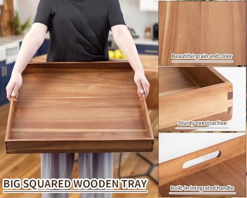 Extra Large Square Wood Tray, Generously 22" Acacia Serving Trays for Large Ottoman Coffee Table, Giant Square Shape Sofa Tray with Handles, Kitchen Organizer Storage Trays Huge Counter Serveware - color: 22" Square Tray - Acacia