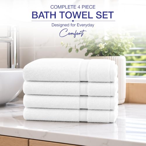 Soft Classic Towel Set - Ultra-Absorbent, Quick-Drying & Durable 4-Piece Towels - Ringspun Cotton Loops for Plush Comfort - Lightweight & Long-Lasting Bathroom Essentials - (White, Bath Towel) - style: Bath Towel-17 lb