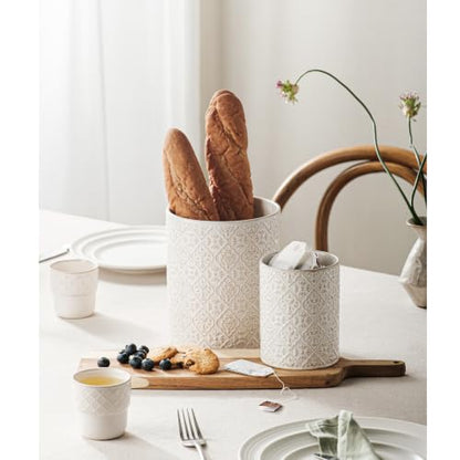 Utensil Holder Set of 2, 7.3”+5.2”Ceramic Utensil Crock Organizer | Farmhouse Countertop Storage, Embossed Pattern - color: Off-White Set of 2