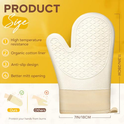 Silicone Oven Mitts 2 PCS, Heat Resistant Non-Slip Cotton Lining for Baking | 11.3 "x 7" 500 ° F White