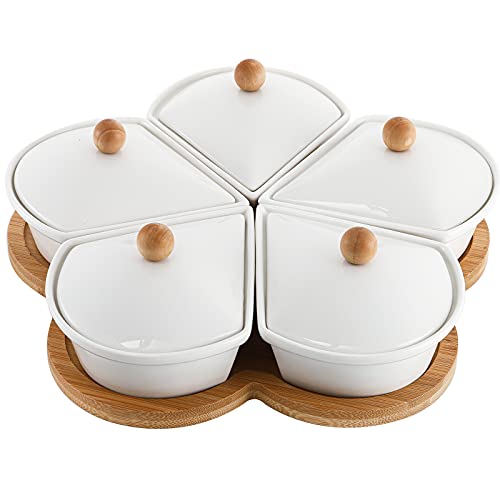 Ceramic Divided Serving Dishes with Lids and Bamboo Platter, 5 Removable Dipping Bowls Relish Tray Nuts Dishes for Appetizer, Chips, Fruits, Candy, Condiment
