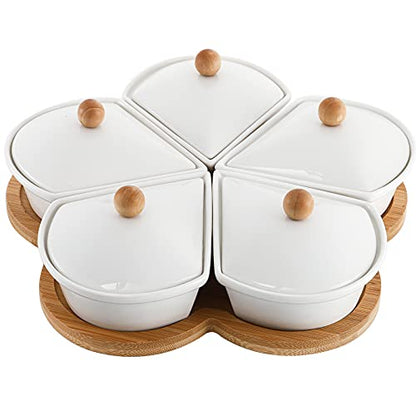 Ceramic Divided Serving Dishes with Lids and Bamboo Platter, 5 Removable Dipping Bowls Relish Tray Nuts Dishes for Appetizer, Chips, Fruits, Candy, Condiment