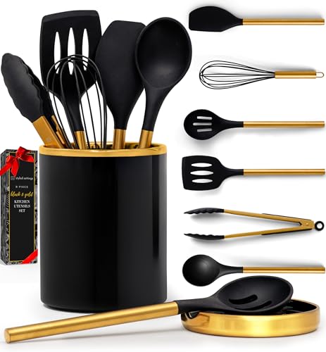 Styled Settings Black and Gold Kitchen Utensils Set with Holder, 8-Piece | Heat Resistant, Nonstick, Black Silicone Cooking Utensils Set, Ceramic Utensil Holder & Stackable Gold Spoon Rest - color: 8PC Black & Gold