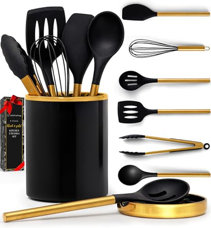 Styled Settings Black and Gold Kitchen Utensils Set with Holder, 8-Piece | Heat Resistant, Nonstick, Black Silicone Cooking Utensils Set, Ceramic Utensil Holder & Stackable Gold Spoon Rest - color: 8PC Black & Gold