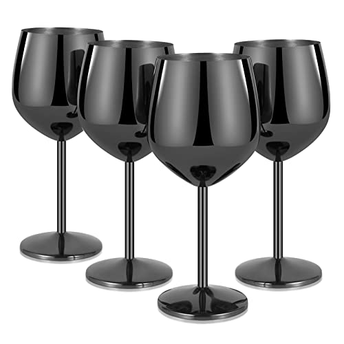 Lifecapido Stainless Steel Wine Glasses Set of 4, 18oz Stainless Steel Wine Goblets, Stemmed Metal Wine Glasses with Cup Brush for Party Office Anniversary, Great for Red White Wine (Grey Black) - color: Grey Black