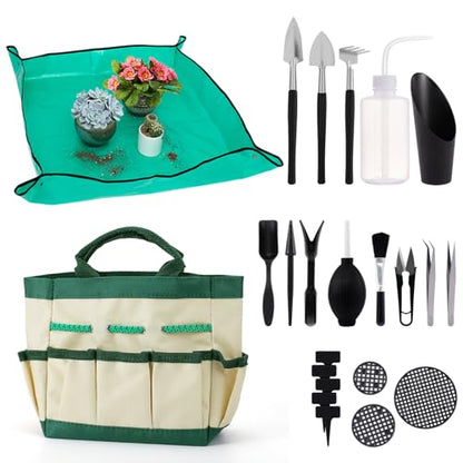 ANPHSIN 44pcs Small Gardening Tools Gifts for Women Beginners, Green | Garden Hand Tools Set for Indoor Succulent, Bonsai, Plants Transplanting, Included Bag/Repotting Mat/Shovel/Labels - color: Green