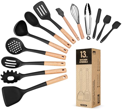 Kitchen Utensils Set, 13PCS Silicone Cooking Utensils, Heat Resistant Kitchen Utensil Spatula Set for Nonstick Cookware, Wooden Handles Kitchen Gadgets Tools Set - color: Black