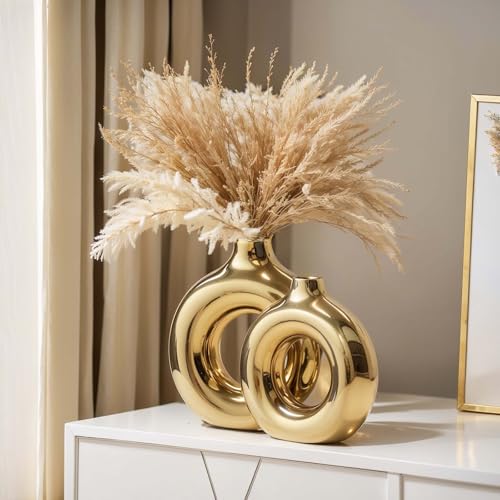 Glossy Gold Ceramic Vase Set of 2,Round Donut Hollow Flower Vases for Home Decor Accents,Modern Minimalist Centerpiece Table Decorations,Wedding,Living Room,Bookshelf,Office,Entryway - color: Gold