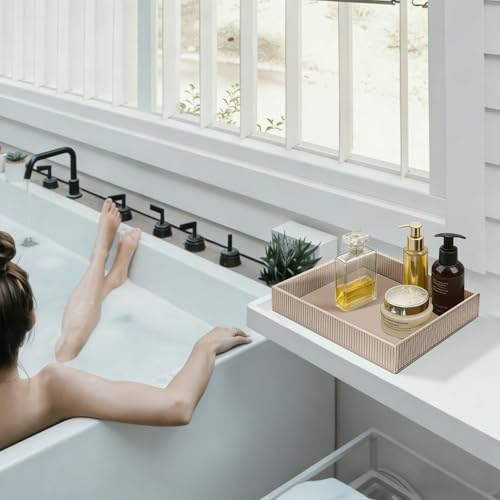 SITHON Valet Tray Desk Organizer PU Leather Catchall | Bedside Vanity Tray Nightstand Caddy Coin Box Key Jewelry Storage Organizer, Graduation, Stripe Latte - color: Stripe Latte