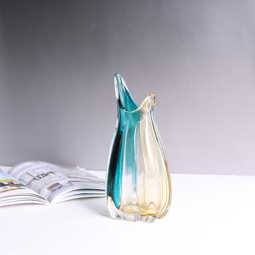 Hand Blown Glass Vase, Medium Wide Mouth Flower Vase Unique Modern Turquoise Glass Art Decor, Nonbreakable Vases for Table Centerpieces Living Room Decorative Amber and Teal Vase - size: Medium