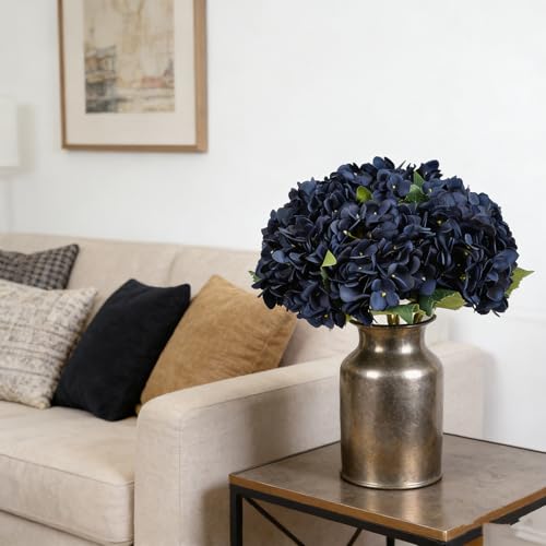 Kimura's Cabin 6pcs Navy Blue Hydrangea Artificial Flowers Silk Hydrangeas | Fake Hydrangeas with Stems Faux Flower,wedding Bouquet Arrangement Halloween Home Party Table Centerpieces Decor Vase Filler - color: Navy Blue