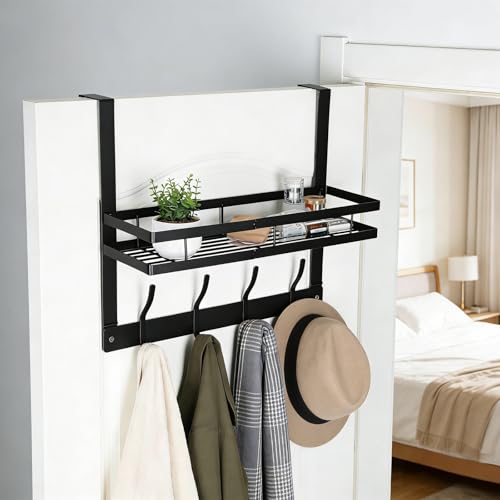 Over The Door Hooks Organizer,Coat Rack Over Door Storage Hanger | Back of Door Hanger Towel Rack with Basket for Kitchen,Bathroom,Bedroom,Black
