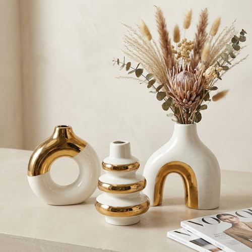 White and Gold Ceramic Vase Set of 3, Flower Vases for Pampas Grass | Modern Boho Vase for Decor, Decorative Vases Centerpieces for Wedding Living Room Bedroom Coffee Table Dinner Table - color: White and Gold
