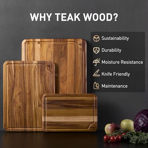 Teak Wood Cutting Board Set for Kitchen High-End Non Toxic Non Slip Over Sink Solid Thick Wood Haus Chopping Board Extra Large Big Small Best Kitchen Essential House Warming Hostess Host Gift - style: Set of 3