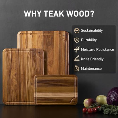 Teak Wood Cutting Board Set for Kitchen High-End Non Toxic Non Slip Over Sink Solid Thick Wood Haus Chopping Board Extra Large Big Small Best Kitchen Essential House Warming Hostess Host Gift - style: Set of 3