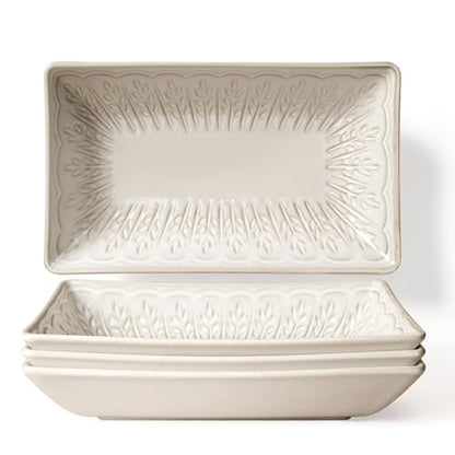 Appetizer Plates Set of 4, 8.25" Embossed Ceramic Rectangular Dessert Plates, Deep Lipped Edges, Microwave & Dishwasher Safe, Salad Sushi Snack Serving Plates (White, Wheat Leaf) - color: White (Wheat Leaf), size: 8.25 inch