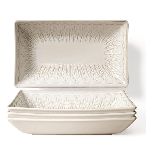 Appetizer Plates Set of 4, 8.25" Embossed Ceramic Rectangular Dessert Plates, Deep Lipped Edges, Microwave & Dishwasher Safe, Salad Sushi Snack Serving Plates (White, Wheat Leaf) - color: White (Wheat Leaf), size: 8.25 inch