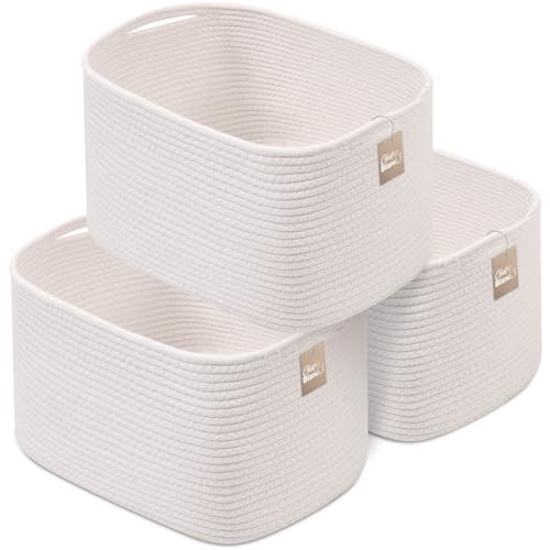 CHAT BLANC Cotton Rope Baskets for Organizing, Shelves, Toys, Storage, Shoe, Bathroom, Laundry, Towel, Nursery, Home Decor, Blanket, Cloth Woven Bins Fabric (Creamy White, 15"x10"x9") - color: Creamy White