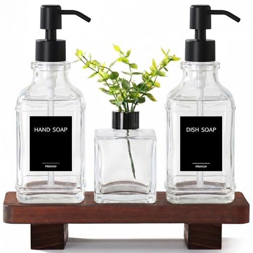 Kitchen Soap Dispenser Set with Wood Tray, Clear Glass Soap Dispenser with Pump, Decorative Hand and Dish Soap Dispenser Set, Soap and Lotion Dispenser Upgrade for Kitchen and Bathroom Decor - color: Clear