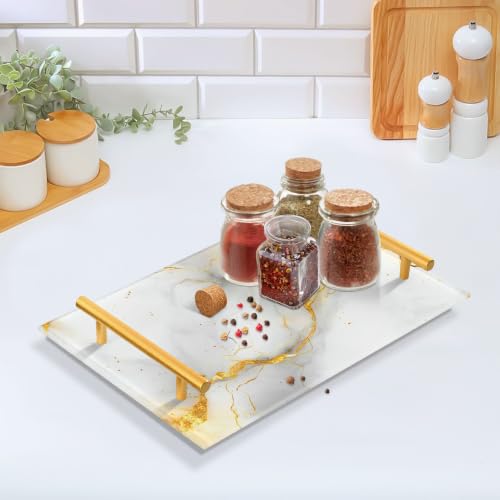 White Gold Marble Texture Acrylic Vanity Tray with Handles Non-Slip Decorative Bathroom Tray Jewelry Perfume Makeup Organizer for Dresser Kitchen Counter, 7.87 x 11.81 in