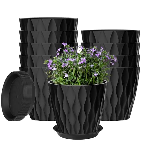 10 Pack 5 Inch Plant Pots with Drainage and Saucers, Black Plastic Flower Pots for Indoor and Outdoor Plants, Stackable Nursery Planters for Houseplants and Herbs, Black - color: Black, size: 10 Pack 5 Inch