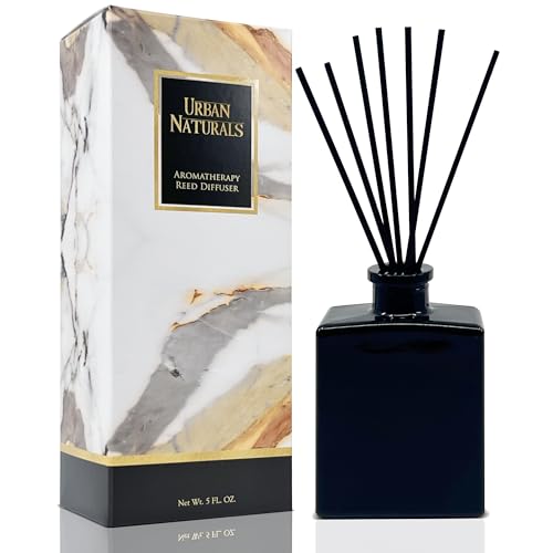 Reed Diffuser Set, Mahogany Coconut - Bathroom Shelf Décor | Sandalwood, Vanilla & Oakmoss, 5 ounce Sleek Black Rectangular Refillable Glass Bottle, Made in the USA - color: Mahogany Coconut