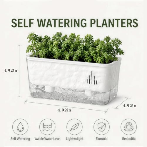 Rectangular Planter, Rectangle Planter, 2 Pack Self Watering Planter Boxes, Clear Plastic Window Boxes for Indoor Outdoor Herbs, Succulents, Flowers, Home Garden Windowsill Decor