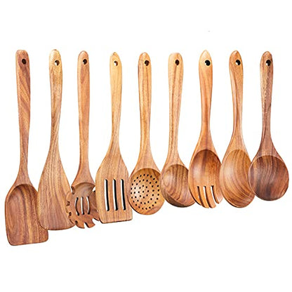Wooden Kitchen Utensils Set,GUDAMAYE 9 PCE Natural Teak Wooden Spoons For Non-stick Pan for Cooking, - size: 9 PCS