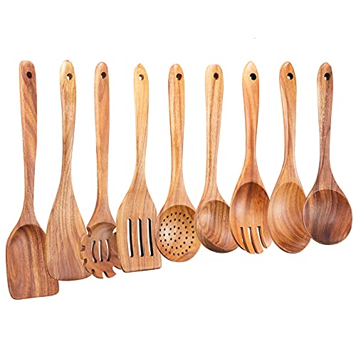 Wooden Kitchen Utensils Set,GUDAMAYE 9 PCE Natural Teak Wooden Spoons For Non-stick Pan for Cooking, - size: 9 PCS