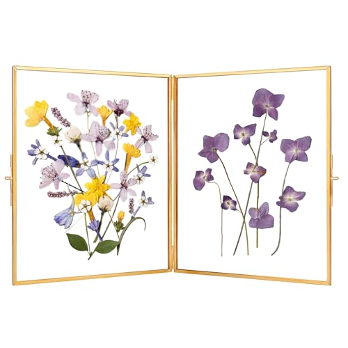REDHUGO Glass Pressed Flower Frame Handmade, Rectangle, Gold, 8×10 Inches | Hinged Double Press Flower Frame, Tabletop Brass Photo Frames, Rectangle Dried Flowers Display Folding Frames for Home - color: Gold, size: 8L" x 10W"