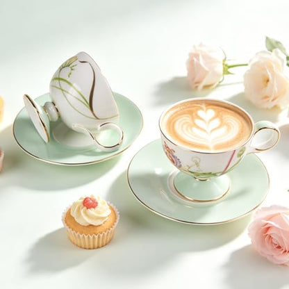 KAMMAK Tea Cups Set of 2,Ceramic Floral Pattern Demitasse Cup | Porcelain Espresso Cup with Saucer, 6.76 oz Handmade Elegant Bone China Tea Cups for Latte, Americano, Cappuccino - color: Freesia & Clematis