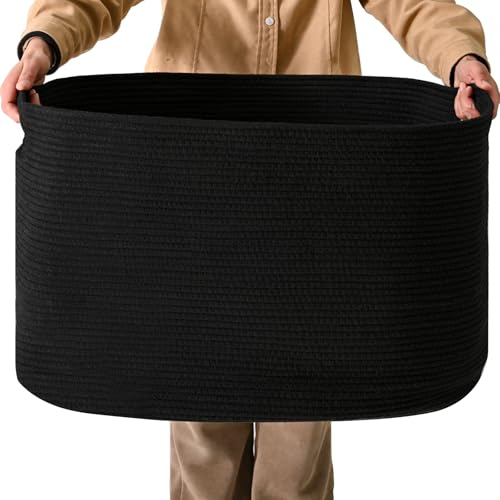 ICERZCZ Large Black Blanket Basket, Storage Baskets for Blankets, Woven Baskets for Storage, Woven Cotton Rope Basket for Toys, Clothes, Shoes, Books, Black, 25”x16”x16” (105L) - color: Black, size: 25”x16”x16”
