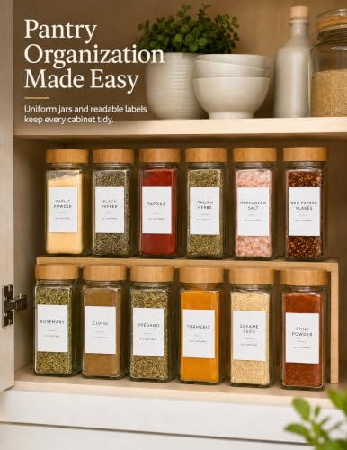 Spice Jar Set, 24 Pcs 4oz Glass Spice Jars with Labels and Bamboo Lids, Square Spice Bottles with Shaker Lids for Cabinet, Drawer, Pantry and Spice Rack Organization