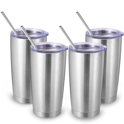 Volhoply 20oz Stainless Steel Tumbler with Lid and Straw Bulk 4 Pack,Double Wall Insulated Travel Iced Coffee Mug Fits Cup Holder,Powder Coated Cups for Hot/Cold Drinks,Christmas Gifts（Silver,4 Set） - color: Silver