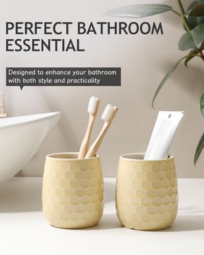 Toothbrush Holder, Tooth Brush Holder for Bathroom - Ceramic Toothbrush Cup Toothbrush Holders Countertop, Ice Cracks Yellow Makeup Brush Holder Pen Holder, 3.62" x 3.62" x 3.93", ANTIS'S HOME - color: Ice Crack Yellow, size: Honeycomb