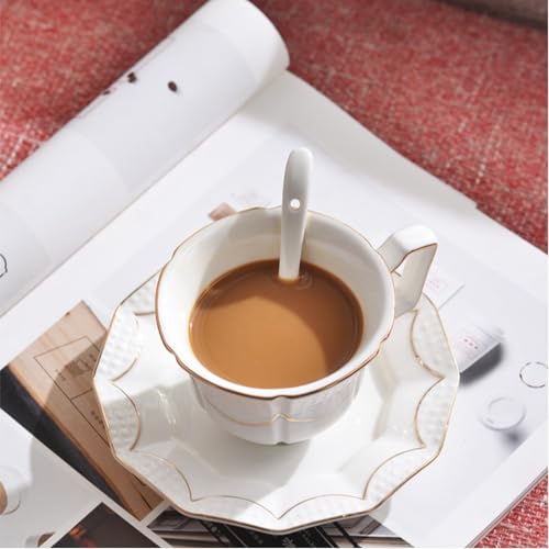 Tea Cup and Saucer Set for 1, Ceramic, White, 6.8 Oz | Coffee Cup with Saucer and Spoon, Elegant Design, 3D relief patterns, Gold Trim, Protective Packaging, Ideal for Gift - color: Modern