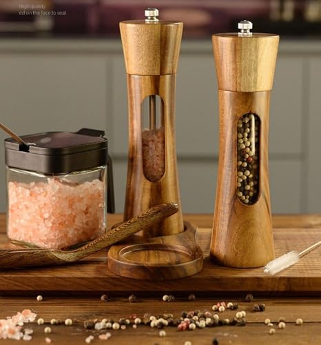 2 Pack Wooden Salt and Pepper Grinder Set — 8 Inch Refillable Salt and Pepper Shakers — Manual Spice Mills with Clear View Window — Ceramic Grinder, Adjustable Coarseness
