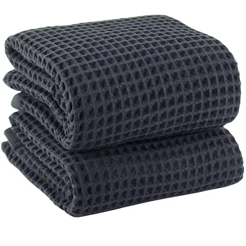 PÜSKÜL 2-Piece Natural 100% Turkish Cotton Waffle Bath Towels Extra-Large | Dark Gray, 32x63" Bath Sheet Towel, Light Soft Absorbent Quick-Dry Lint-Free Premium Honeycomb Weave Oeko-Tex Made in Turkiye - color: Dark Gray