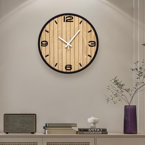 12 Inch Round Wall Clock Battery Operated, Wooden Decorative Analog Clocks Non-Ticking Quartz for Apartment, Living Room, Bedroom, Hallway, Classroom - Easy to Install & Read - color: A - 12x12 in