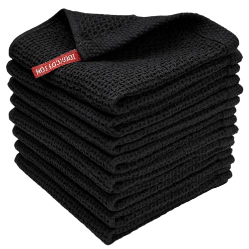 100% Cotton Waffle Weave Kitchen Towels, 8 Pack Dish Cloths for Washing Dishes, Ultra Soft Absorbent Dish Towels, Quick Drying Kitchen Rags, 12x12 Inches, Black - color: Black, size: 12 x 12 - 8 Pack