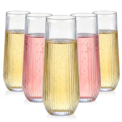 GuanQiao 24 Pack Stemless Plastic Champagne Flutes, 9oz Ribbed Disposable Champagne Glasses. Heavy Duty Shatterproof Mimosa Glasses for Party Wine Tasting Wedding New Years Eve Party Supplies - color: Clear, size: 24-pack