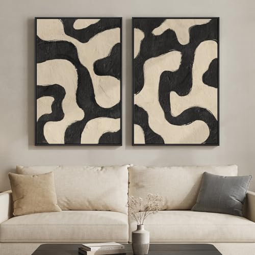 Framed Abstract Beige Black Wall Art for Living Room, Large Neutral Modern Canvas Artwork for Walls, Set of 2 Mid Century Elegant Picture Print for Bedroom Home Office Hallway Wall Decor, 24x36 Inch - color: Beige Black