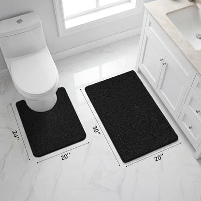 Bcoimo U Shaped Bath Rug Mat Set,2 Piece Chenille Black Toilet Bathroom Rug | Extra Soft Bathroom mat set;Non Slip with Rubber Back Bath Mats;High Absorbent And Quick Dry Microfiber mat; Machine Washable - color: Black, size: U24×20 Plus 30×20